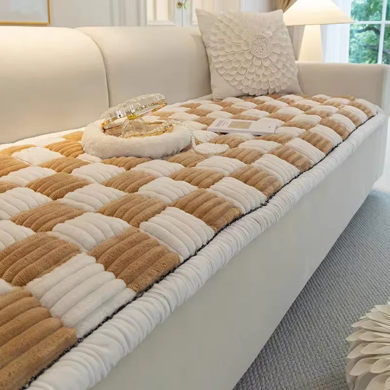 Versatile Plaid Flannel Sofa Throw β Cream Thick Couch & Pet Cover