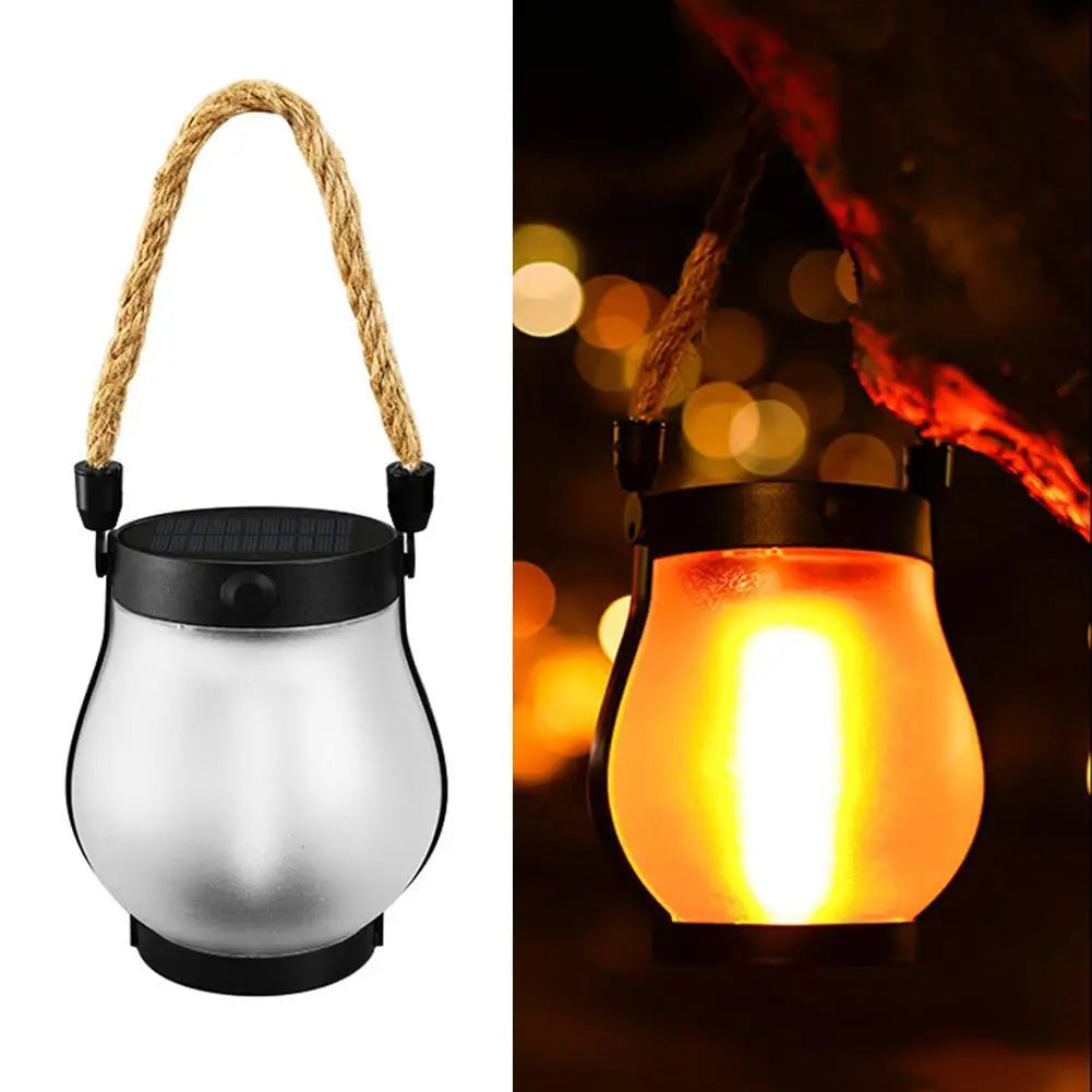 Solar Flame Lamp Rechargeable Hanging Courtyard Decoration Garden Lantern Lighting Lamp with Hemp Rope Outdoor Camping Lamp