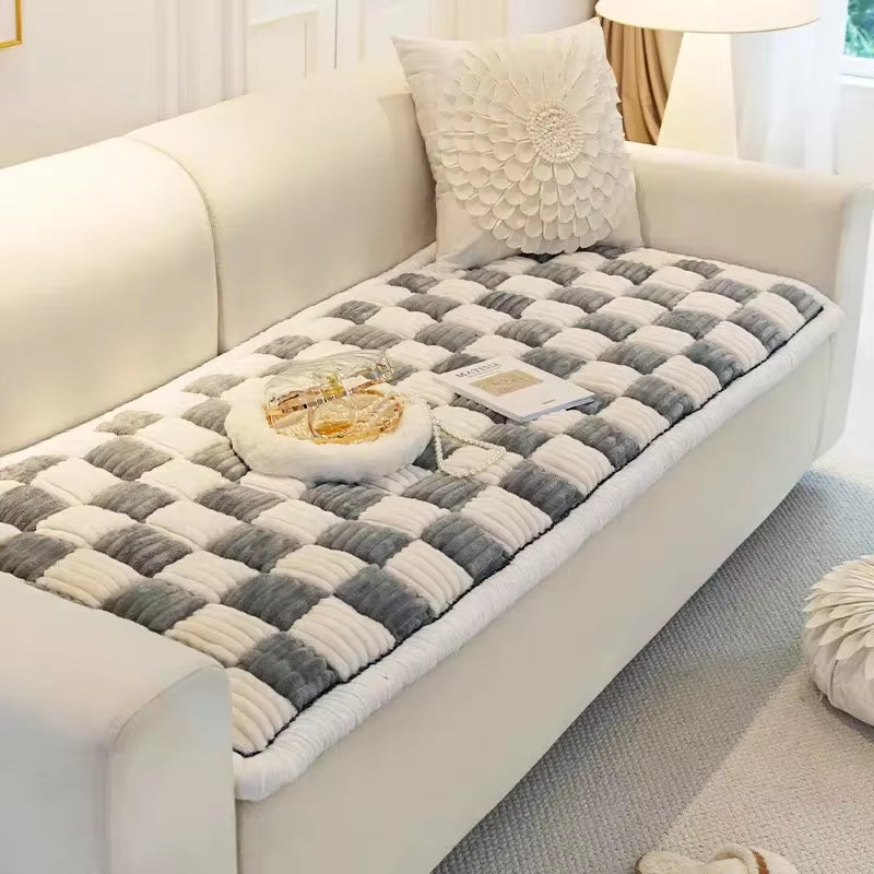 Versatile Plaid Flannel Sofa Throw β Cream Thick Couch & Pet Cover