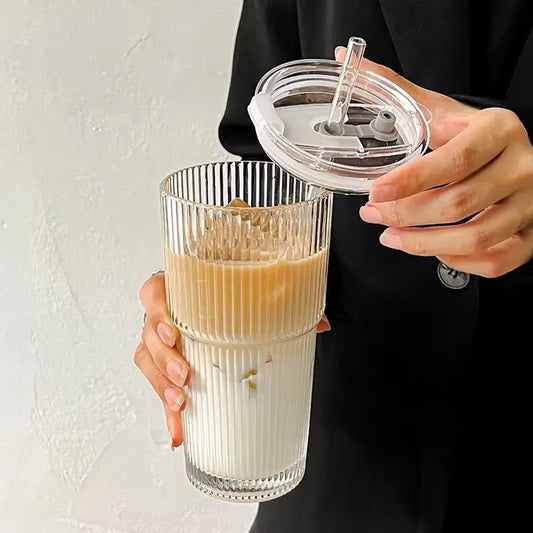 600ml Glass Coffee & Tea Cup with Lid & Straw