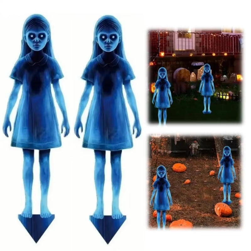 〔Cc55〕1/2Pcs Halloween Scary Ghost Girl Garden Stake Twin Female Ghost Courtyard Insertion Decor Lawn Patio Haunted Metal